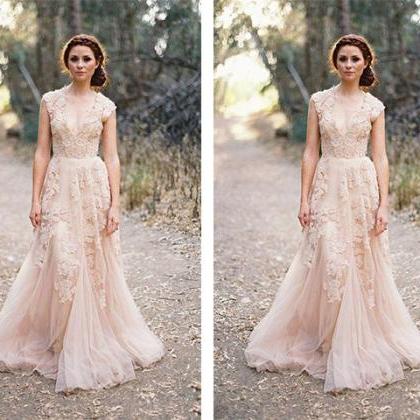 Long Dress with Lace Bodice and Straps Champagne