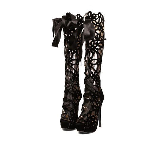 Black Stiletto Hollow Bowknot Peep-toe Women's Boots