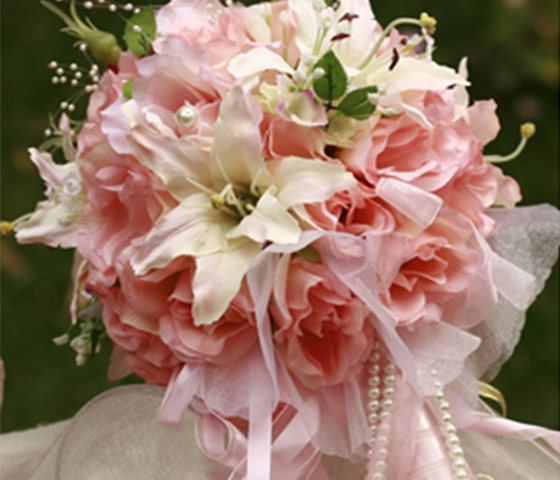 Soft Pink Silk Cloth Wedding Bridal Bouquet With White Lily