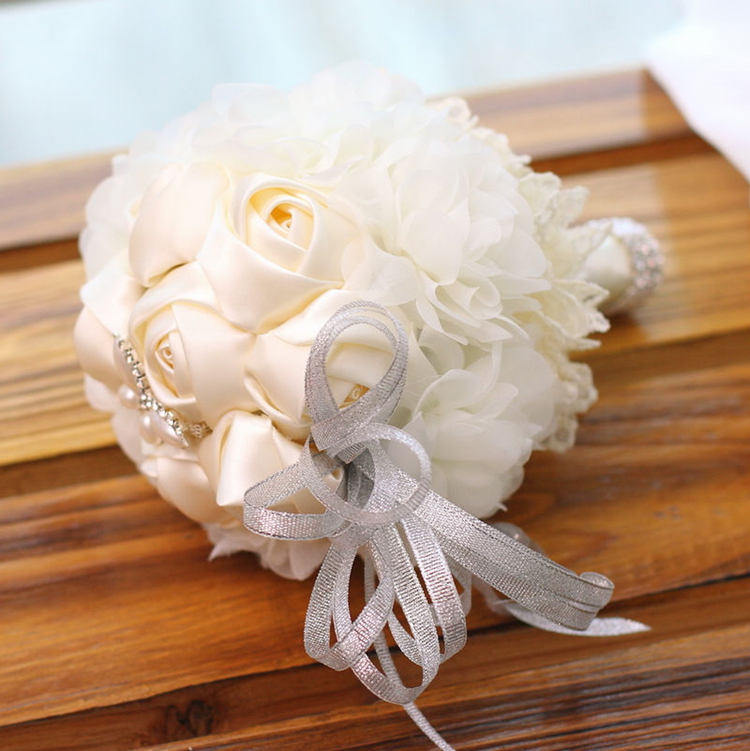 Cloths White Rose Silk Ribbon Wedding Bouquet on Luulla